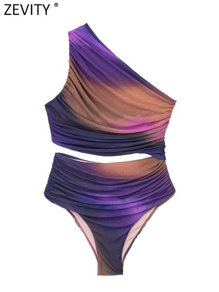 Calças Zevity Mulheres Sexy Tie Dye Imprimir Corte Split Split Malha Bodysuits Senhora Único Ombro Pregas Playsuits Beach Macacão Ls3957