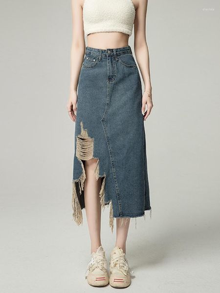 Röcke Mode Sexy Ripped Midi Denim Rock Damen 2023 Ankunft Retro Casual Baumwolle Blau Straße Lose Gewaschen A-Linie