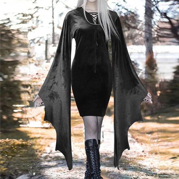 Vestidos casuais preto retrô gótico cintura alta para mulheres vintage manga morcego bandagem veludo fantasias de bruxa festa vestido de carnaval