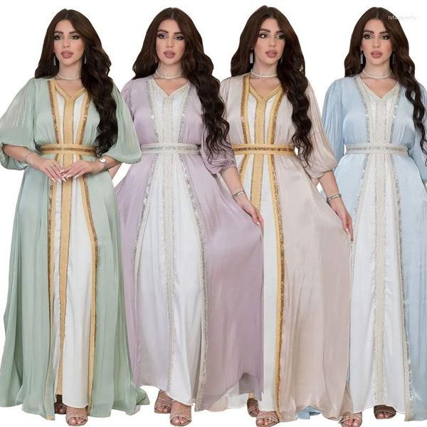 Abbigliamento etnico Caftano marocchino Lusso Raso di seta brillante Elegante manica a lanterna 3 pezzi Set Abito Donna Diamanti Abaya Musulmano Islam Cintura Abito