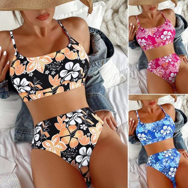 Costumi da bagno da donna 2 pezzi / set Spalline regolabili Bikini senza schienale Reggiseno con stampa floreale Slip a vita alta Costumi da bagno