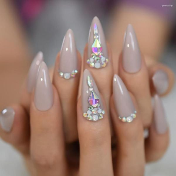 Unhas Postiças Pontas de Cristal Strass Long Stiletto Acrílico Art Unhas Artificiais Dicas Strass Design Manicure 24