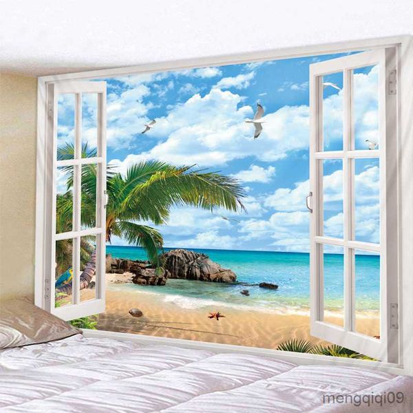 Wandteppiche Strand vor dem Fenster Bedruckter Wandteppich Günstige Wandbehang Wandteppiche Wandkunst Art Deco R230710