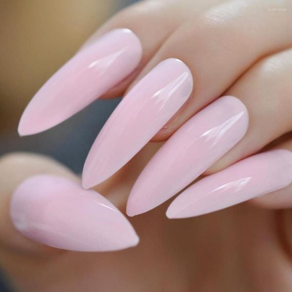 Unhas Postiças Verniz Gel Press On Nail Stiletto XL Longo Faux Rosa Claro Cor Pura Pontiaguda Curva Falsa