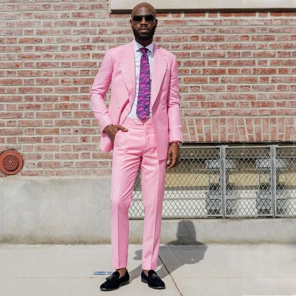 Abiti da uomo rosa due pezzi Abiti da uomo con risvolto a punta Smoking da uomo per blazer da sposa Abiti da sposo slim fit con spacco laterale Giacche da ballo Pantaloni