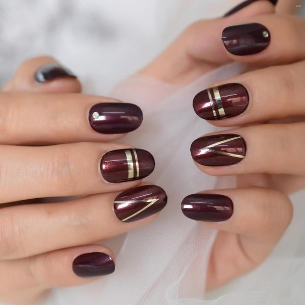 Unhas Postiças Decoração Linha Metálica Falso GEL Redondo Oval Prensa Curta Dourado Vermelho Escuro Para Uso Diário Com Cola Traseira NOV