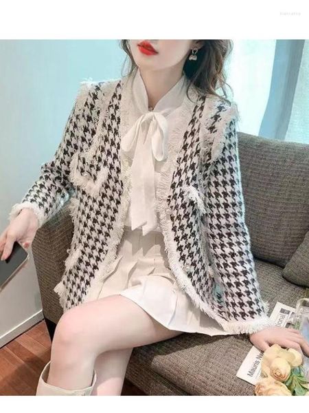 Jaquetas femininas moda feminina jaqueta de luxo outono inverno Houndstooth imitação vison veludo malha solta cardigan casaco roupas