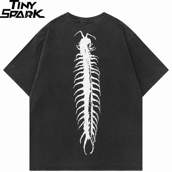 Camiseta Masculina Streetwear Vintage Washed Black TShirt Centipede Graphic Men Harajuku Retro Rasgado T Shirt Cotton Casual Tops Tees 230710