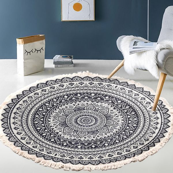 Teppich Retro Boho rund mit Quasten Schlafzimmer Wohnzimmer Tür Boden Matten Fußmatte Wohnkultur gewebtes Baumwollbett -Bett Persian Teppich 230710