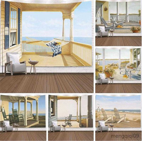 Tapeçaria Ocean Window View Tapeçaria para pendurar na parede Sandy Beach Piquenique Barraca de acampamento Almofada de dormir Decoração para casa Colcha Pano de lençol R230710