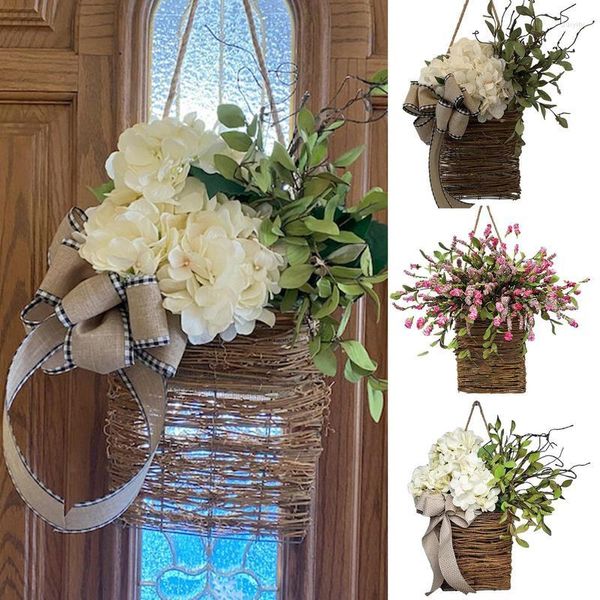 Coroas de flores decorativas para porta da frente, balde artificial, decoração realista, cesta de flores de hortênsia, decoração de parede, decoração ao ar livre