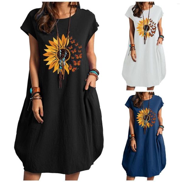 Casual Kleider Hohe Qualität Kleid Schöne Frauen Lose Sonnenblume Schmetterling Druck Große Größe Baumwolle Leinen Tasche Kleidung Vestidos Mujer