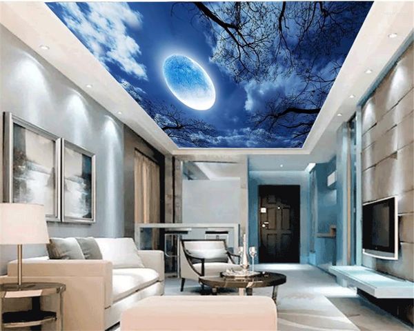 Sfondi Carta da parati 3d Soggiorno Alberi semplici Bella luna Cielo notturno Scenario romantico personalizzato Zenith Seta murale