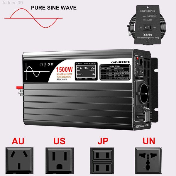 Auto-Starthilfe-Wechselrichter 1500 W 12 V 220 V reiner Sinuswellen-Solar-Wechselrichter DC 24 V 48 V zu AC 110 V mit Fernbedienung HKD230710