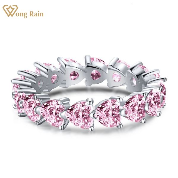 Mit seitlichen Steinen Wong Rain 100 925 Sterling Silber Love Heart Created Pink Sapphire Edelstein Ehering Ring für Frauen Edlen Schmuck 230710