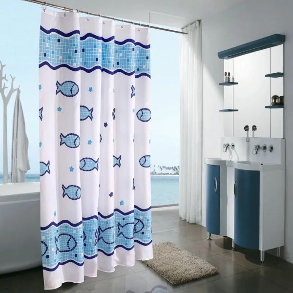 Cortinas de ducha de peces azules, cortina de baño de poliéster calificada, cortina de baño impermeable de moda con dibujos de peces