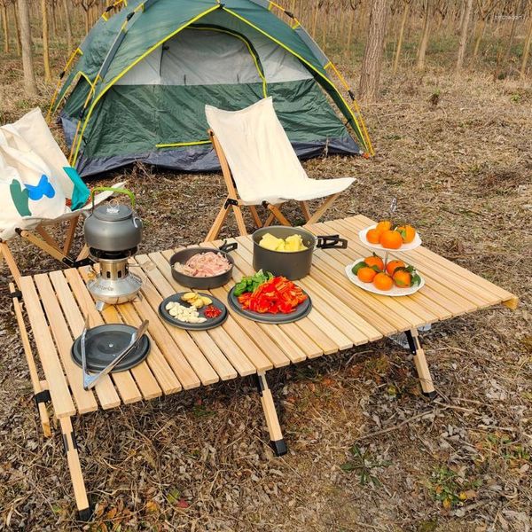 Mobili da campeggio Tavolo pieghevole ottagonale da campeggio all'aperto Utensili portatili per rotoli di uova Barbecue in legno massello di grande capacità