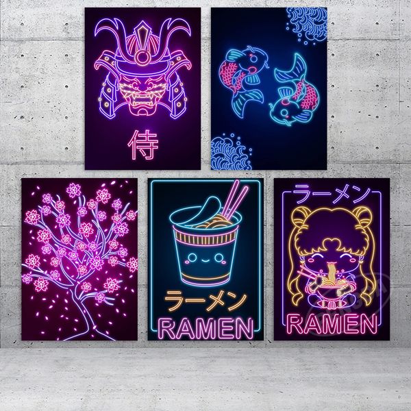 Pinturas HD Impressão Pintura em estilo japonês Decoração para casa Lona Animais Poster Luzes neon Linhas Modular Cenário Imagem Sala de estar Arte da parede 230707