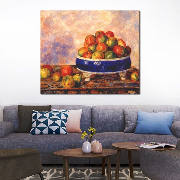 Stillleben-Kunst auf Leinwand, Äpfel in einer Schüssel, Gemälde von Pierre Auguste Renoir, handgefertigte moderne Kunstwerke, Küchen- und Raumdekoration