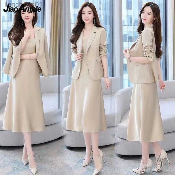 Frauen Herbst Winter Anzug Jacke Kleid Set 2022 Neue Mode Koreanische Elegante Temperament Blazer Hosenträger Midi Rock Zwei-stück L230619