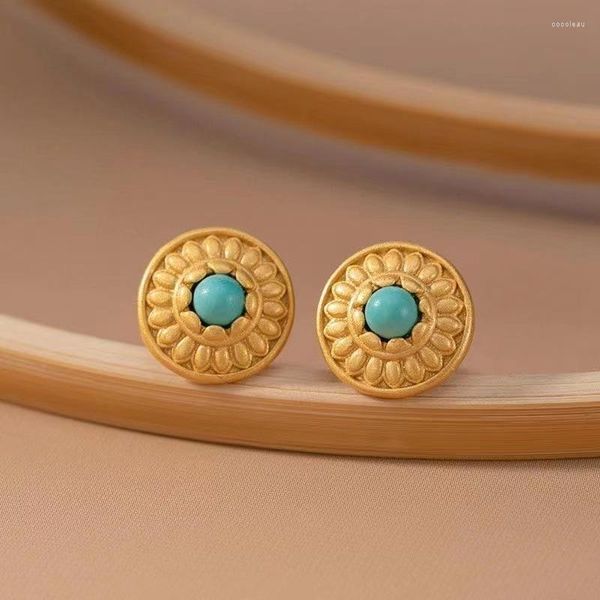 Brincos Clássicos Artesanato Redondo Flores Ear Studs Simples E Pequeno Antigo Ouro Turquesa Para Mulheres Banquete Jóias Presentes