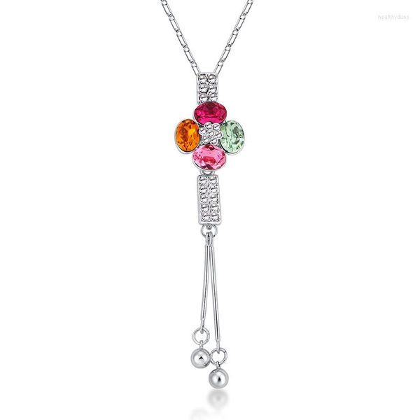 Colares com Pingente NL-00196 Acessórios de Moda Coreano Banhado a Prata Flor de Cristal de Luxo Colar Longo Para Mulheres Presentes do Dia das Mães