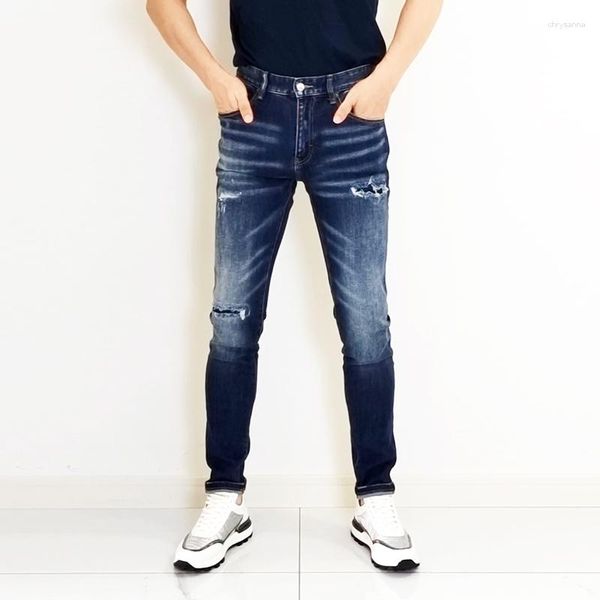 Мужская джинсовая уличная одежда мода Men Men Retro Blue Elastic Slim Raked Ratch Brander Designer Vintage Casual Denim Pants