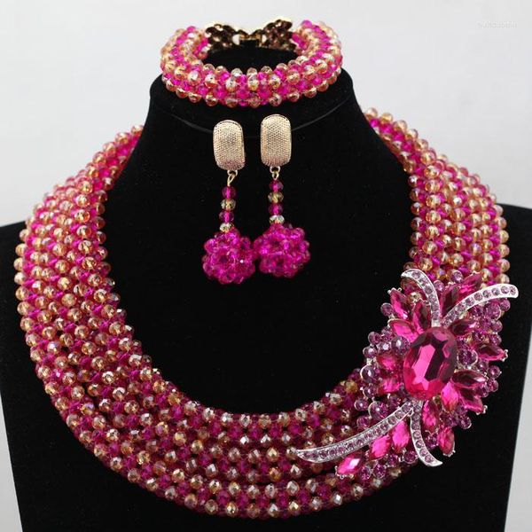 Colar Conjunto de Brincos Elegante Rosa Rosa Contas de Casamento Africano Mix de Jóias Fantasia de Ouro Ocasiões de Festa WD045