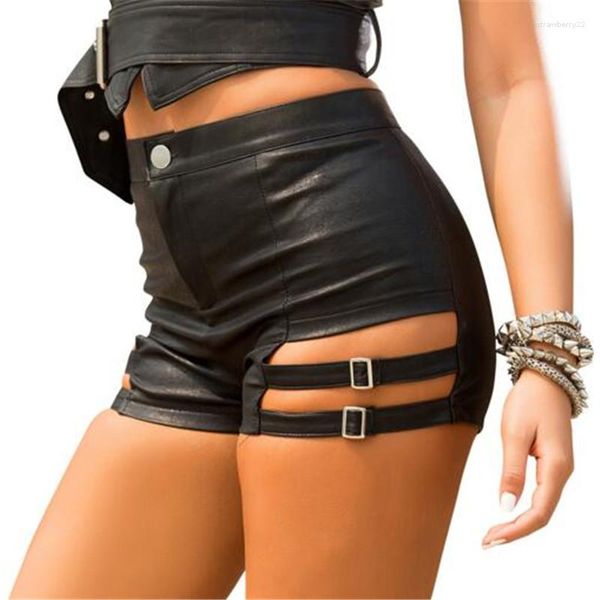 Shorts Feminino Sexy Bandagem Oca Couro Sintético Feminino Preto PU Cintura Alta Calça Curta Club Mini Pantaloncini Donna