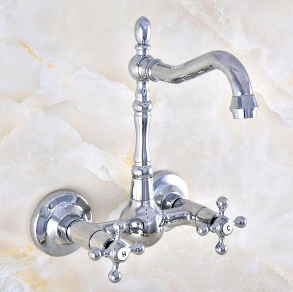 Rubinetti da cucina Rubinetto per lavabo Ottone cromato Doppio manico Rubinetti per montaggio a parete a doppio foro Bocca girevole Miscelatore per lavabo da bagno Rubinetto 2nf582