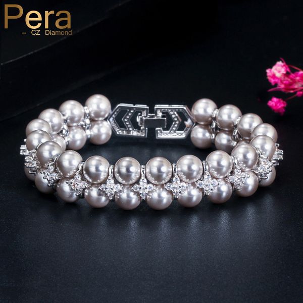 Cadena Pera Elegante Mujer Color Plata Doble Fila Ronda Ancho Gris Perla Brazalete Pulseras para Boda Nupcial Cubic Zirconia Joyería B157 230710