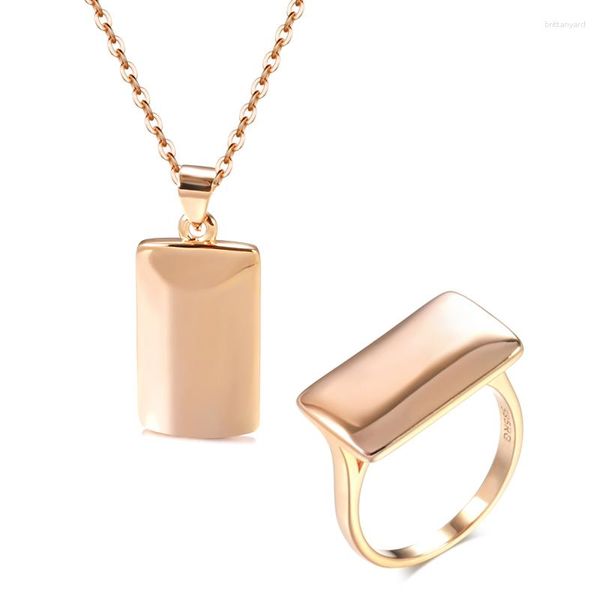 Collana Orecchini Set Gulkina Fashion Glossy Pendant Ring Sets 585 Rose Gold Square For Women Gioielleria raffinata giornaliera di alta qualità