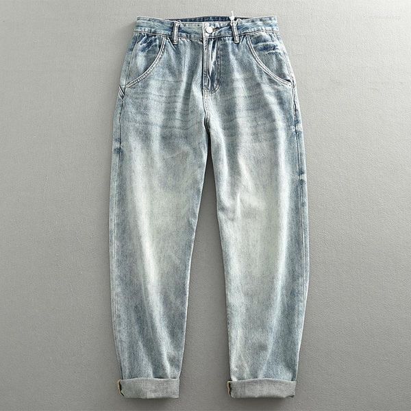 Jeans da uomo Azzurro per uomo Abbigliamento casual Pantaloni arrotolabili in denim dritto Abbigliamento affusolato lavato Pantaloni sottili estivi