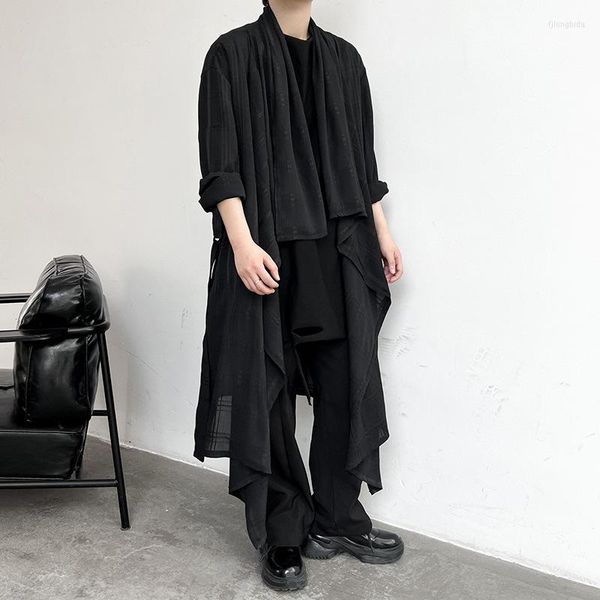 Мужские траншевые пальто 2023 Summer Fashion Thin Black Long Hoat Men Gothic Style Punk Jacket Японский хип -хоп кардиган плащ