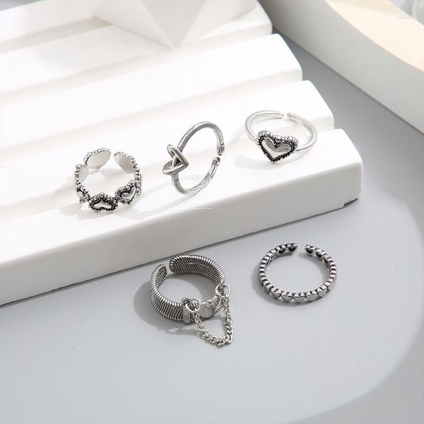 Anelli a grappolo 5 pezzi/set Trendy Fashion Silver Color Punk Chain Heart Set regolabile per accessori donna uomo