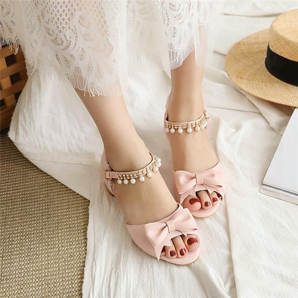 Sandálias YQBTDL 2023 Moda Verão Chunky Heels Feminino Rosa Branco Cordão Cristal Laço Laço Festa Casamento Senhoras Lolita Sapatos
