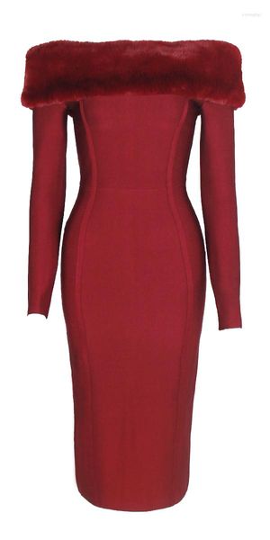 Abiti casual Donna Arrivo Vino Rosso Nero Moda Vestito dalla fasciatura Manica lunga Scollo a barchetta Vestidos Midi Celebrity Party