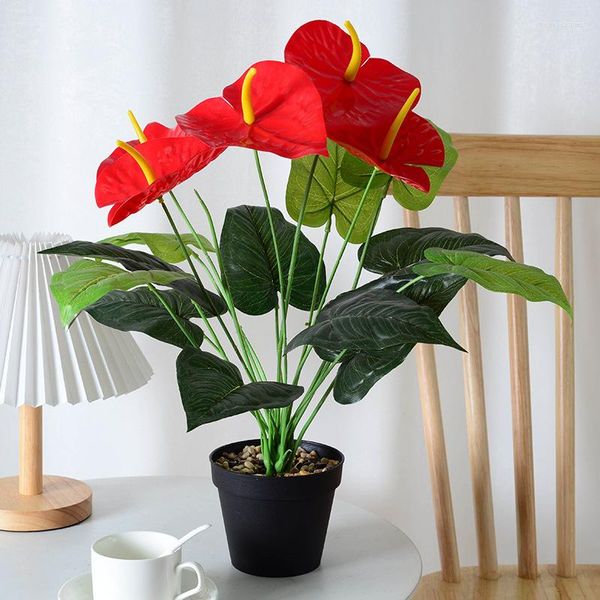 Fiori Decorativi All'Ingrosso Di 18 Teste Palma Rossa Arredamento Per La Casa El Decorazioni Piante Artificiali Anthurium Simulato Verde