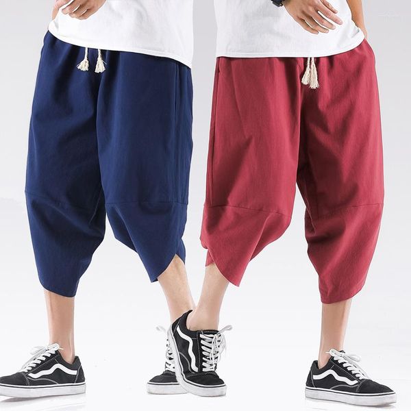 Calças masculinas masculinas de linho de algodão folgadas pernas largas virilha hip hop calças cruzadas comprimento da panturrilha 5XL