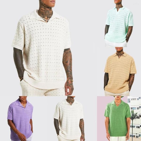 Polo Masculino Wepbel Solto Elástico Camisa Pólo Suéter De Malha Manga Curta Casual T-shirt Cor Sólida Ver Através Do Decote Em V