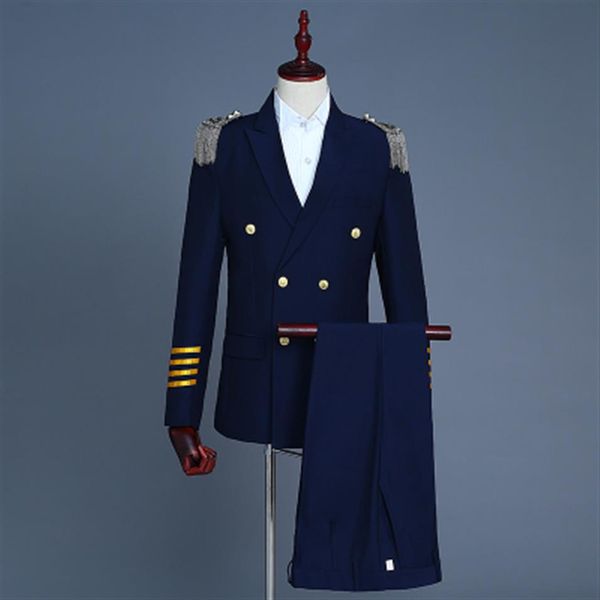 giacca da smoking uniforme da capitano bianco blu navy da uomo con pantaloni abito da studio per esibizioni sul palco asia taglia 257l