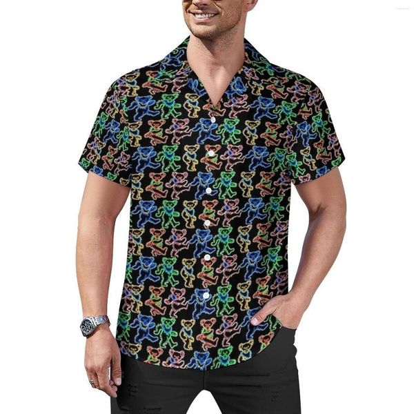 Camisas masculinas casuais festivais de jazz camisa solta homem praia neon ursos estampa havaí manga curta street style blusas oversized