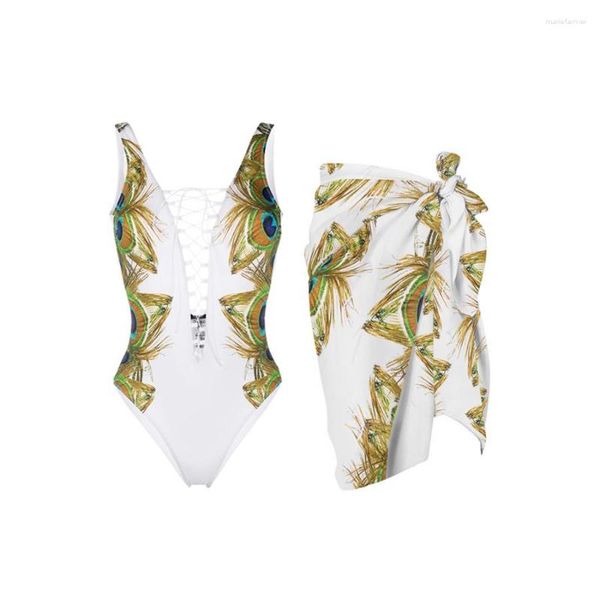 Costume da bagno da donna con stampa di piume di pavone, bikini intero estivo con lacci, costume da bagno stile spiaggia sexy di lusso 2023 XL