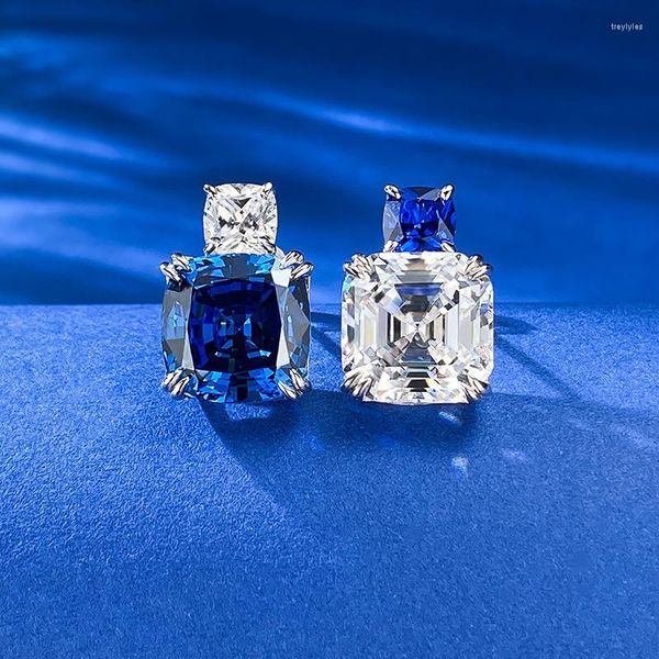 Ohrstecker SpringLady 925 Sterling Silber 10 10 mm Lab Sapphire High Carbon Diamond Edelstein Ohrschmuck Feiner Schmuck