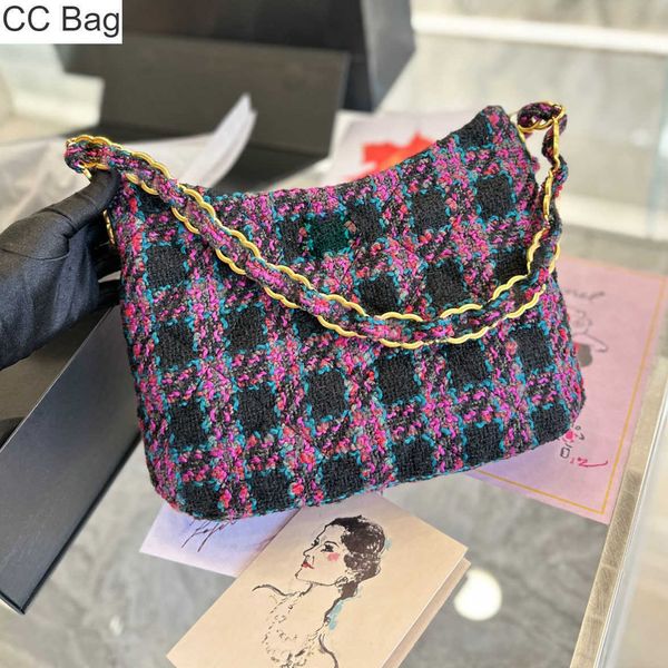 CC Bag Damen Lila Woll-Unterarm-Hobo-Taschen Hahnentritt-Tweed Gestepptes Metallabzeichen Kettengriff Tragetaschen Geldbörse Französischer Designer Herbst Winter Sanfte Handtaschen 24x175x6C