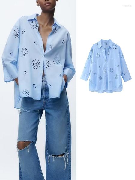 Camicette da donna Camicia ricamata blu Donna Scava fuori Camicie casual a maniche lunghe da donna oversize e top estivo