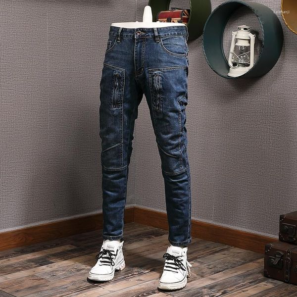 Jeans Masculino Streetwear Faashion Men Retro Blue Stretch Slim Fit Emenda Biker Homme Zipper Designer Hip Hop Calça Rasgada Hombre