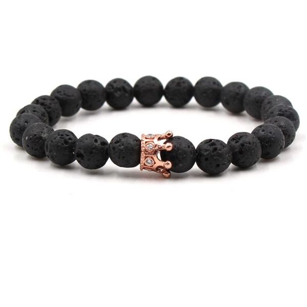 Charm Bracelets Fashion Sier Gold Plated Crown Natural Black Lava Stone Elastic Bracelet Aromatherapy Essential Oil Difusor For Wom Dhcmt