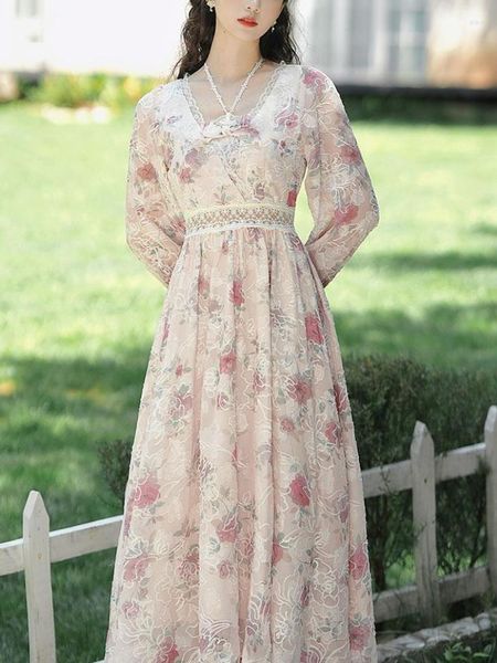 Повседневные платья Bow Vintage Elegant Long Dress Women Fackwork France Style Sweet Женская печатная рукав Princess Fairy 2023