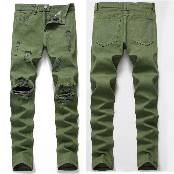 Jeans masculino Personality Rasgado Tamanho Grande Jeans Europeu e Verde Exército Americano